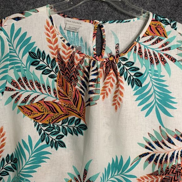 Van Heusen Linen Blend Hawaiian Leaf Print Top NWT Short Ruffle Sleeve Sz XL - Picture 2 of 12